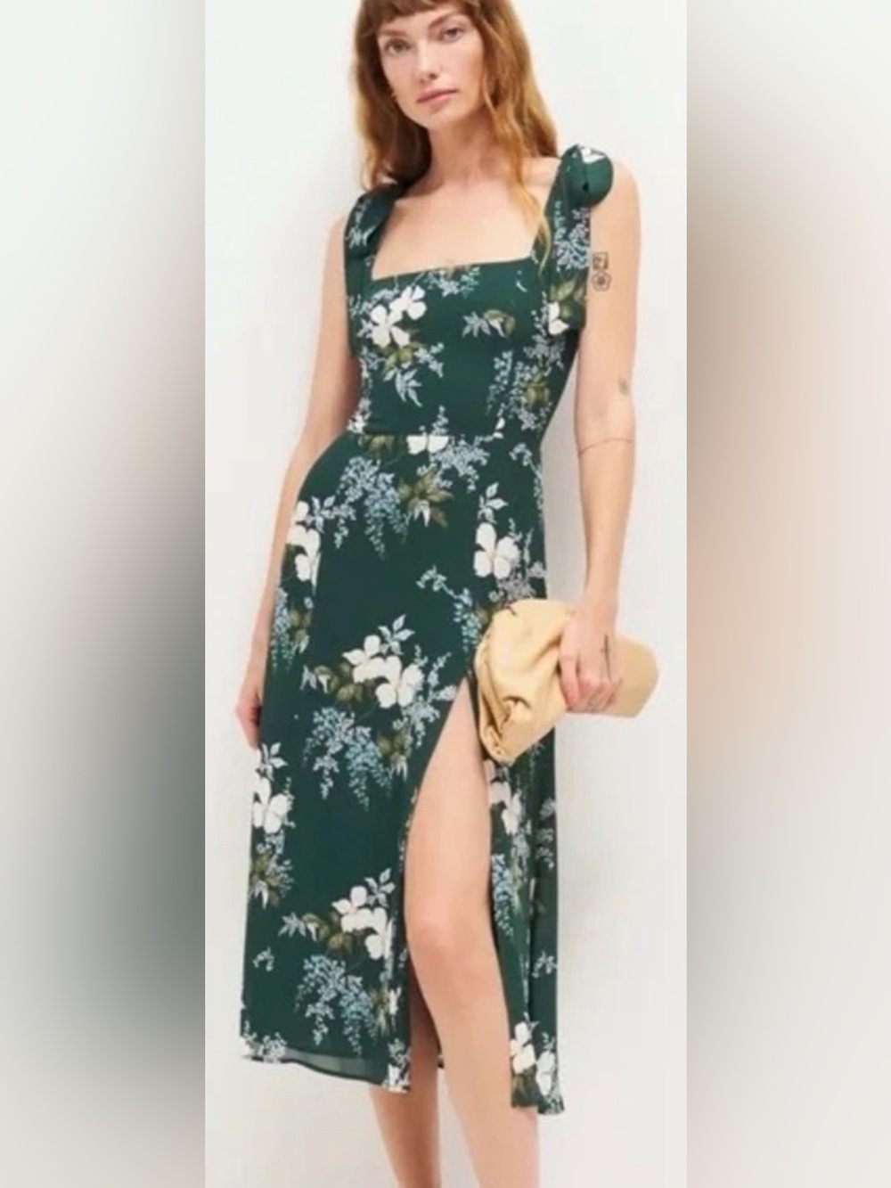 Reformation Twilight Floral Tie-Shoulder Midi Dress in Dark Green 10 EUC